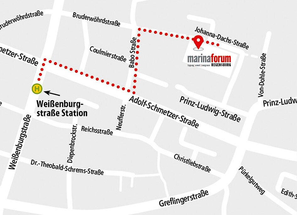 Haltestelle Weissenburgstraße - Fußweg zum marinaforum